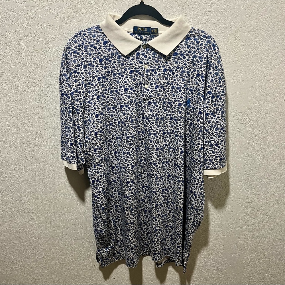 Polo by Ralph Lauren White and Blue Patterned Polo Shirt